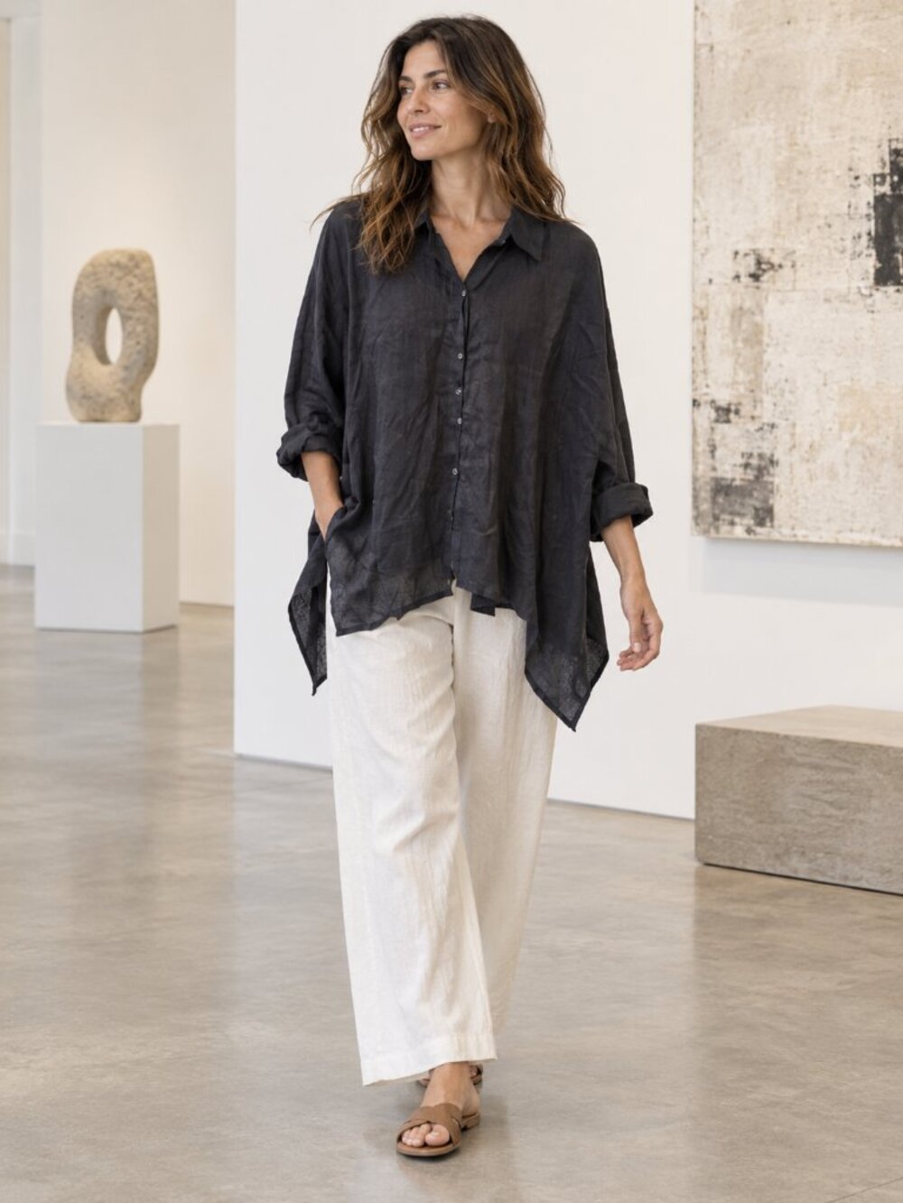 Planet By Lauren G Handkerchief Linen Shirt Button Down Blouse Black One Size